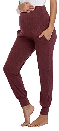 AMPOSH Women's Maternity Pants Stretchy Lounge Workout Sweatpants Casual Loose Comfy Pregnancy Joggers with Pockets(Heather Burgundy, L)