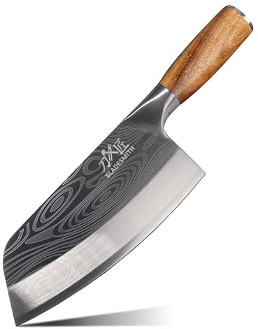 BLADESMITH Cleaver Knife for unfrozen meat and vegetable, 7 Chinese Chef's Kitchen slicer, Razor sharp HC German Stainless Steel blade with lasered damascus pattern, pearwood Handle