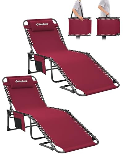 KingCamp Campingliege Sonnenliege Gartenliege Camping-Klappbett mit verstellbarem Rückenteil und Kopfkissen für Garten Urlaub Outdoor 2 Set Weinrot