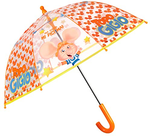 PERLETTI Topo Gigio paraply barn transparent – barnparaply stabilt med säkerhetsöppning – barnparaply transparent med mus – paraply pojkar gul orange blå – diameter 64 cm, apelsin, Klein