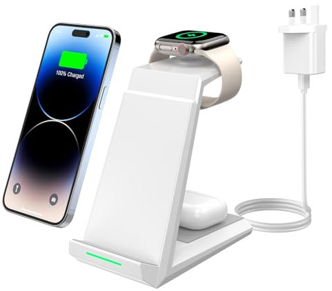 Wireless Charger 3 in 1 - ADADPU 15W Fast Charging Station for Apple iWatch Series 10/9/8/7/6/SE/5/4/3/2 Charger Stand for Multiple Devices iPhone 17/16/15/14/13/12/11 Pro Max/XS/XR/X Airpods-White