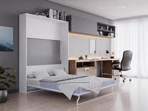Vente-unique-Cama abatible 160 x 200 cm - Apertura Vertical Manual - Blanco y Gris - Malina II