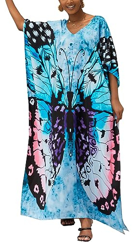 LikeJump Femmes Coton Imprimé Caftan Maillot de Bain Kimono Cover Up Loose Beach Robe Maxi Robe
