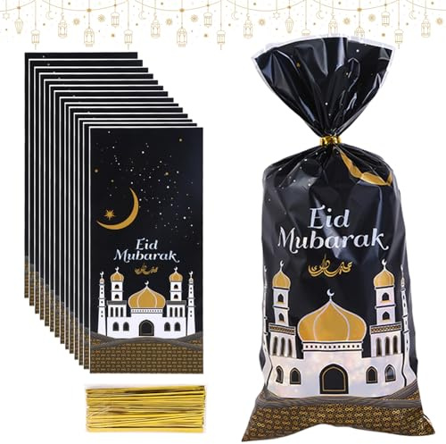 100 stycken Eid Mubarak partypåsar presentpåsar, ramadan-tema, moské, tryckt mönster, fest, godispåsar, ramadan, presentpåse med 100 slipsar för Eid Mubarak-partydekoration (D)