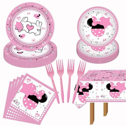 51 Pack Pink Cartoon Birthday Party Tableware Kit - Dessert Plates Napkins Tablecloth Tableware Kit for Baby Shower Girls 1st 2nd 3rd 4th 5th 6th Birthday Party Supplies Decorations