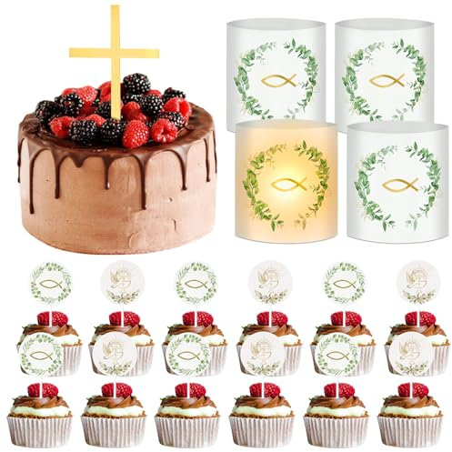 24 Stück Cake Topper für Taufe Deko - Tortendeko für Mädchen Junge Kuchen Muffin Kommunion Kreuz Windlicht Dessert