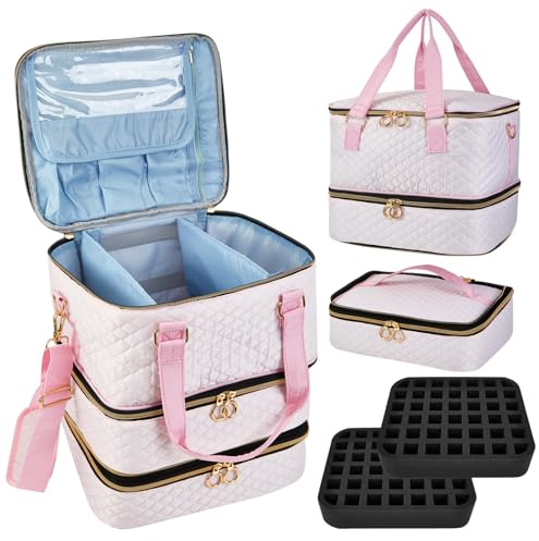 Cheungren Nail Polish Organizer Case - Three Layer Nail kit Storage Bag with Adjustable Dividers Holds 84 Bottles Nail Polish Nail Lamp Nail Kit Supplies Organizer Box - Pink
