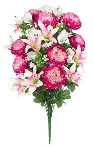 Arborus Bouquet artificiel de lys chrysanthèmes mélangés, 65,9 x 37,9 cm (L x l), rose, blanc, magenta, violet, vert, résistant aux UV et à l'humidité, fleurs de cimetière, bouquet de fleurs, 1 paquet