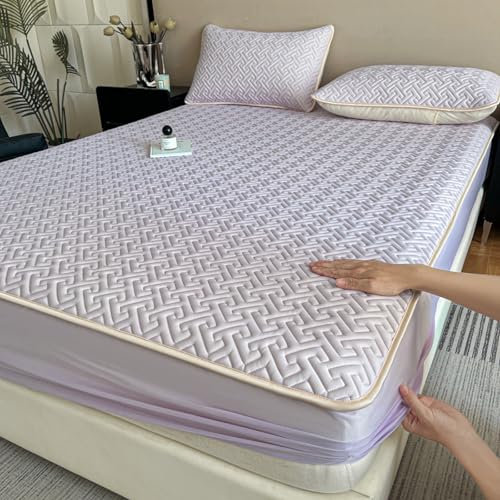 Spannbetttuch vielen Größen und Farben,Sommerliches Spannbettlaken- und Kissenbezug-Set aus Eisseide-Latex, waschbarer Matratzenschoner aus kühler Seide in Volltonfarbe, Lila, 150 x 200 cm (3 Stück)