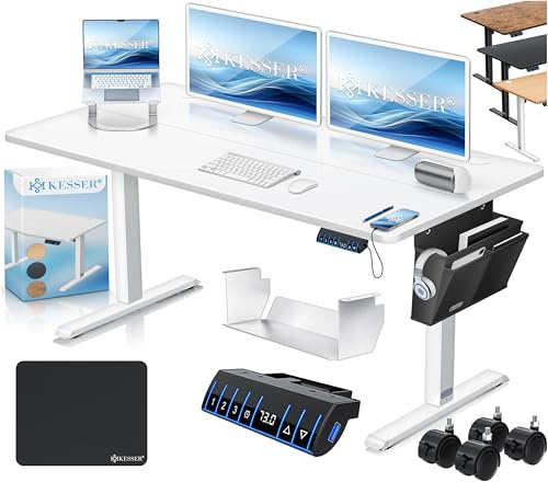 KESSER® Höjdjusterbart elektriskt skrivbord 140 x 70 cm, ergonomiskt höj- och sänkbart skrivbord, 3-funktions-minnesstyrning, inkl. 360° hjul och USB-laddningsport, datorbord för hemmakontor