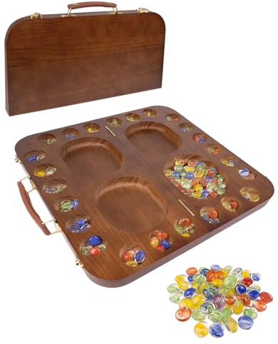 4 Player Wooden Mancala Board Game,4 Player Mancala Board Game Set, Great Glass Beads,Classic & Portable Marble Game for Family Night and Travel