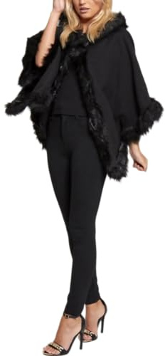 FASHIONISM Poncho da donna con maniche a pipistrello foderato in pelliccia con cappuccio mantello poncho da donna vestibilità ampia scialle in pelliccia sintetica con cappuccio poncho cappotto caldo