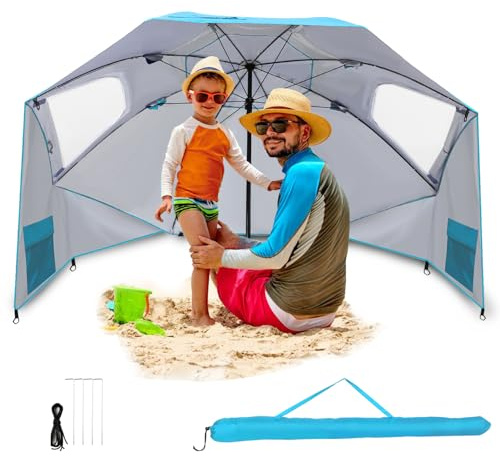 Joparri Sonnenschirm Strandmuschel 2 in 1 Schirm für Strand Garten 2-4 Personen, UV50+ Sonnenschutz, Multi-Purpose Umbrella Ø210x220cm mit Fenster und Tragetasche, Faltbar, Hellblau