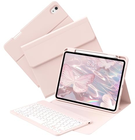 KVTVOU Tangentbordsfodral för iPad (A16) 11:e generationen/iPad 10. Generation 10,9 tum 2025/2022, höger stiftslits, Bluetooth avtagbart tangentbord, QWERTZ, bilvaktning/sömn, rosa
