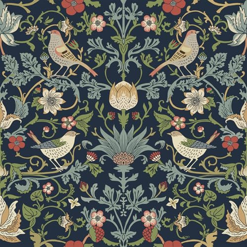 FunStick Carta da Parati Floreale per Mobili Blu Navy William Morris Vintage Carta da Parati Adesiva Muro Camera da Letto Soggiorno Floreale Uccelli Foglie Vittoriano Pellicola Adesiva Blu 44.5CMX3M