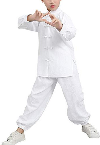 Mengmiao Kinder Unisex Langarm 2-Teiliges Set Kampfsport Oberteile und Hosen Darbietungen Anzug Weiß 170