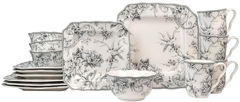222 Fifth Adelaide Grey 16-Piece Floral Porcelain Dinnerware Set | Microwave and Dishwasher Safe Dining Set for 4 | Stackable and Chip-Resistant Plates Bowls and Cups | Gift for Housewarming & Wedding