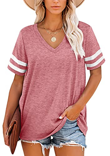 MOLERANI T-Shirts Magliette estive da Donna con Scollo a V Manica a Righe（Rosa，L）