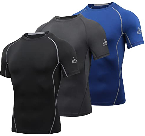 AMZSPORT Camiseta de Compresión de Manga Corta para Hombre Camiseta de Secado Rápido para Gimnasia y Carrera, 3 Paquetes, Negro, Gris, Azul M