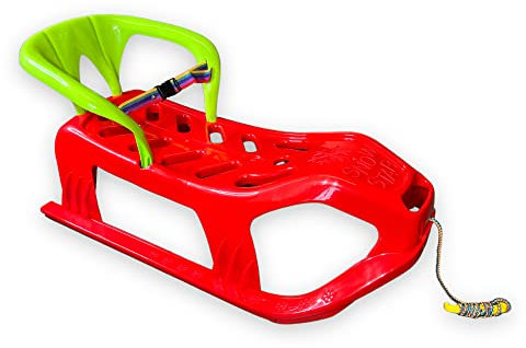 BUSDUGA 4067 Schlitten rot 90cm mit Rückenlehne und Gurt, Metallkufen, robuster Kunststoff, Zugseil