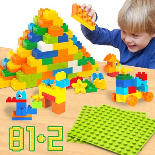WYSWYG® Große Bausteine Set, 81 Stück Bausteine und 2 Bauplatten - Kompatibel, für Kinder ab 3-4-5-6 Jahre Buntes Starterset