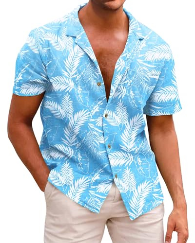 Beotyshow Chemise hawaïenne pour homme à manches courtes en coton, chemise de loisirs, fleurs, pour les vacances, l'été, la plage, la chemise de voyage, bleu clair, 3XL