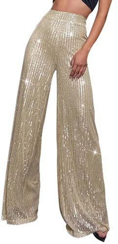 Hose Damen Schlaghose Festliche Hosen Elegant Mit Glitzer High Waist Outdoorhose Stretch Elastisch Bequeme Taschen Weites Bein Lang Hohe Taille Freizeithose Bootcut Freizeithosen (Rose Gold, XXL)