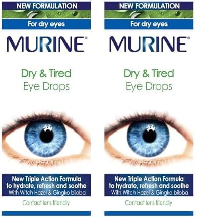 Murine Dry & Tired Eye Relief Eye Drops with a Triple Action Formula that Hydrate, Refresh and Relieve Dry or Tired Eyes, New Formulation,15ml (Pack of 2)
