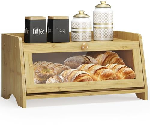 JANSNIMEN Bread Box for Kitchen Countertop, Large Bread Container Storage, Wooden Farmhouse Bread Box with Window Bread Holder (Natural Bamboo)