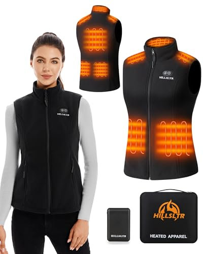HILLSLTR Gilet chauffant polaire femme - Batterie externe 7,4 V 12 000 mAh - 8 zones de chauffage - 3 températures - Pour ski et moto, Noir, XS