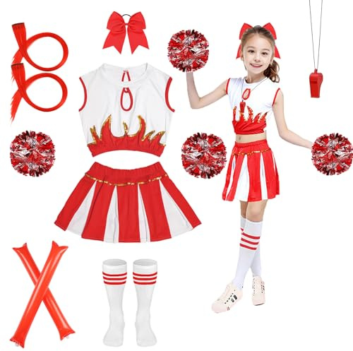Shinybox Deguisement Pompom Girl, Uniforme de Pom-Pom Girl avec Pompoms, Sifflet, Bâtons de Cheer Gonflables, Perruques, Couvre-chefs et Chaussettes, Costume de Cheerleader pour Filles pour Carnaval