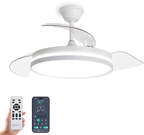 YOEVU ESPARTAN ONE - Ventilador de Techo con Luz LED | Motor DC | Mando + APP Bluetooth | 72W | Aspas Retráctiles | 6 Velocidades y 3 Tonalidades | Temporizador | Blanco