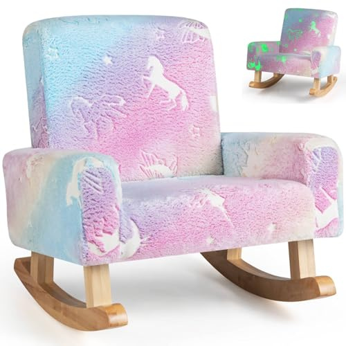 GYMAX Kids Rocking Chair, Upholstered Flannel Children Armchair with Anti-Slip Foot Pads, Glow in the Dark Toddler Sofa Chair for 3-5 Years Old Boys Girls