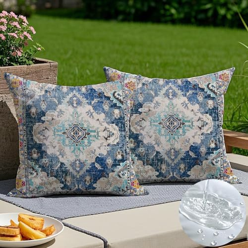 Vorysum Outdoor Kissen 50x50 cm Bohemian Dekokissen Wetterfest Kissenbezüge Vintage Kissenhülle Blau Kissen Sommer Sofakissen für Wohnzimmer Schlafzimmer Garten Dekorative 2er Set