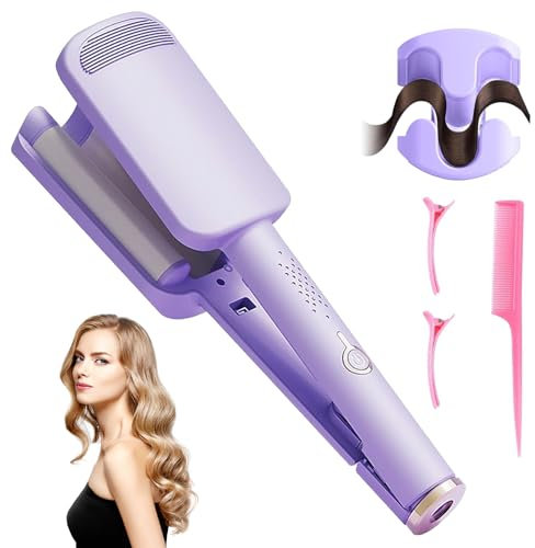 Boucleur a Cheveux, 32mm Fers à Onduler, 4 Températures Réglables Fers à Friser Ceramique, Fer à Boucler French Wave, Anti-Brûlure Fer a Friser, Onduleur Cheveux pour Cheveux Longs Courts (Violet)