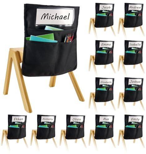 VEVOR Pochette de Chaise, Lot de 12, Poche Rangement Dossier Chaise, 47x51 cm, Pochettes Organiseur de Dossier Chaises avec Étiquette Nominative, pour Salle de Classe, Maternelle, École, Maison, Noir