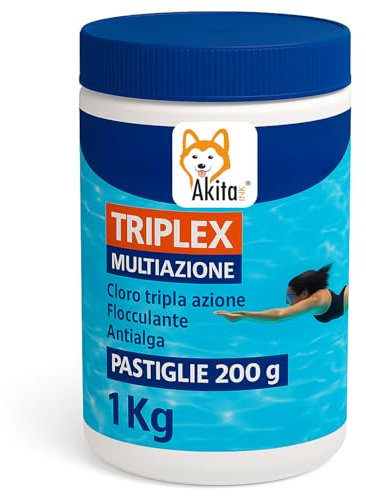 Akitaink Triplex Multiazione Pastiglie Cloro 3 in 1 | Disinfettante Clorante | Lenta Dissoluzione, Flocculante per Piscina (1 KG)