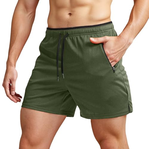 Pantalones cortos de correr para hombre con bolsillos con cremallera, para gimnasio, atletismo, entrenamiento, 5 pulgadas, Ejercito Verde, XL
