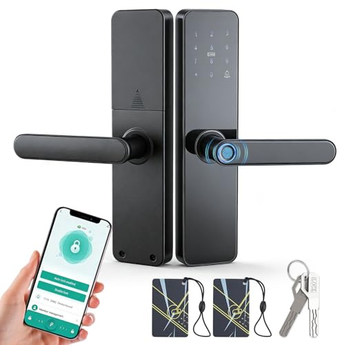 Smart Door Lock with Handle - 5-in-1 Fingerprint & Keypad Entry, Bluetooth APP Control RFID Card, Auto-Lock Digital Code Lock for Aluminum Wooden Front Door - Weatherproof Design