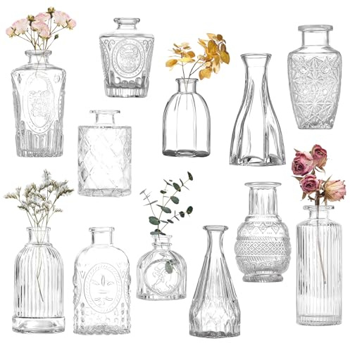 12 Mini Jarrones de Cristal Transparente, Pequeños Jarrones Decorativos con Diseños Diferentes, Decoración de Bodas, Centros de Mesa, Salón, Dormitorio, Cocina