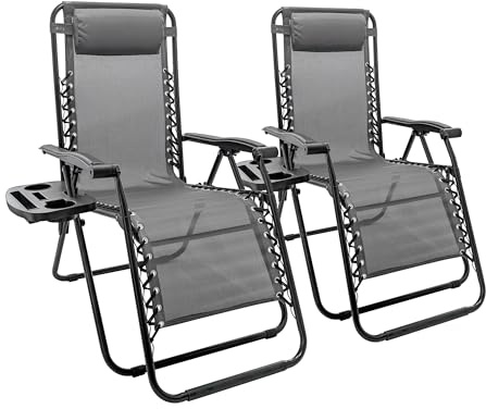 Harbour Housewares Zero Gravity Chair Set with Locking System - 110KG Load Capacity - Grey - 2 Piece Heavy-Duty Reclining Folding Outdoor Garden Camping Patio Beach Loungers Set