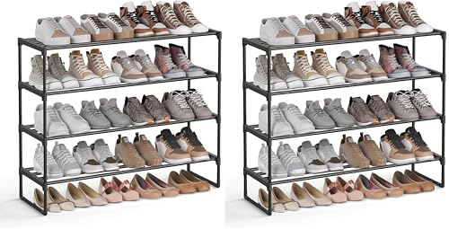 SONGMICS 4-Tier Shoe Rack, Storage Organiser, Metal, Fits 16 to 20 Pairs of Shoes, Stackable Shelf, for Hallway, Living Room, Bedroom, 30 x 92 x 74 cm, Black LSA14BKV2 (Pack of 2)