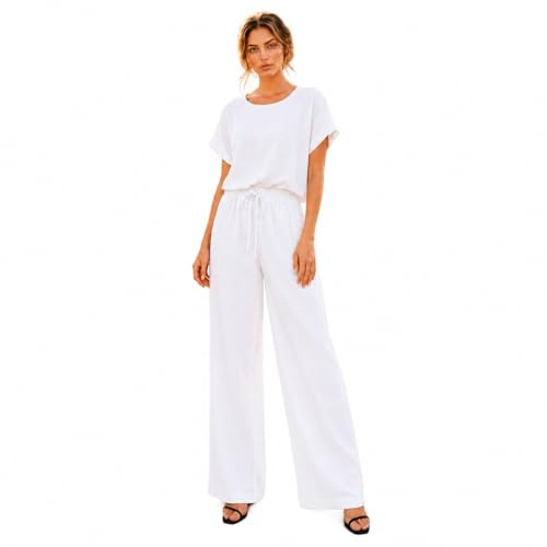 FEZI Completo Donna Estivo 2 Pezzi Abbigliamento Estivo - Set Coordinato Casual Maglietta e Pantaloni Larghi Leggeri per Casa, Mare e Vacanze (Bianco, Taglia unica)