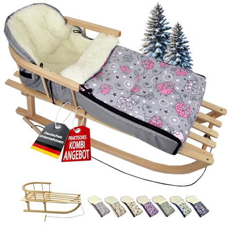 BambiniWelt Kombi-erbjudande träsläde med ryggstöd och dragrep universell vinteråkpåse (108 cm), även lämplig för babystol, barnvagn, buggy, gjord av ull i uggledesign (uggla $2)