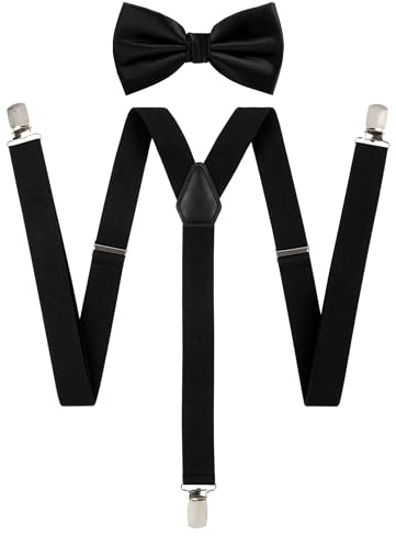 TIE G Solid Color Men's Suspender + Woven Bow Tie Set for Wedding : Vivid Color, Adjustable Brace, Strong Enhanced Clip, Elastic Band (Black)
