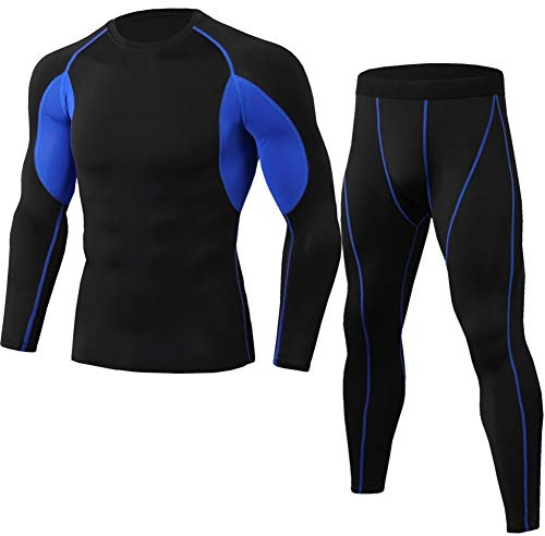 YAOTT Kompressionsdräkt för män, snabbtorkande långärmad t-shirt + sportleggings för träning fitness löpning cykling, Blå svart, XL