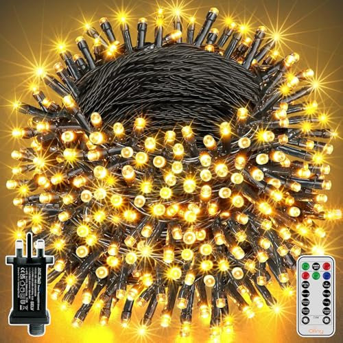 Ollny Christmas Tree Lights Outdoor, 20m 200 LED Fairy Lights Mains Powered, Warm White Waterproof String Light with Plug/Remote/Modes/Timer, Bright Lighting Outside Indoor Garden Xmas Decorations