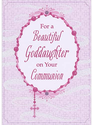 Designer Greetings Pink Rosary Wrapped Around Oval Frame on Light Purple and Sparkling White Swirls 1st / First Communion Congratulations Card for Goddaughter