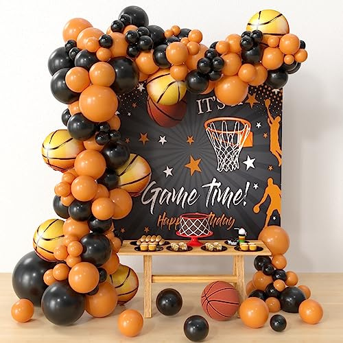HYOWCHI Basketball Decorations - 132 Pcs Sports Party Supplies, Black & Orange Latex Balloon Arch Kit for Baby Shower, Birthday Parties