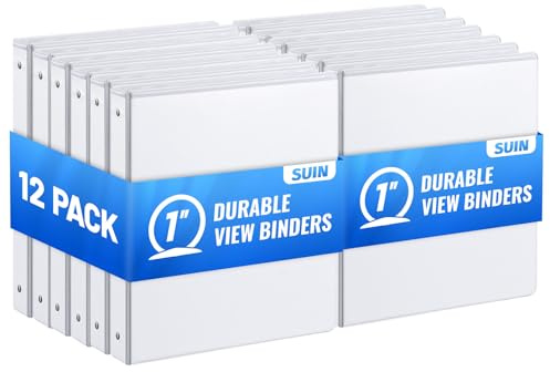 SUIN Bulk 12 Pack 1-inch 3 Ring Binders -Durable 1'' Binders with Roung Ring Binder, Large 200 Sheet Capacity, Fit 8.5 x 11 US Letter Size Paper, White (1'' White - 12 Packs)